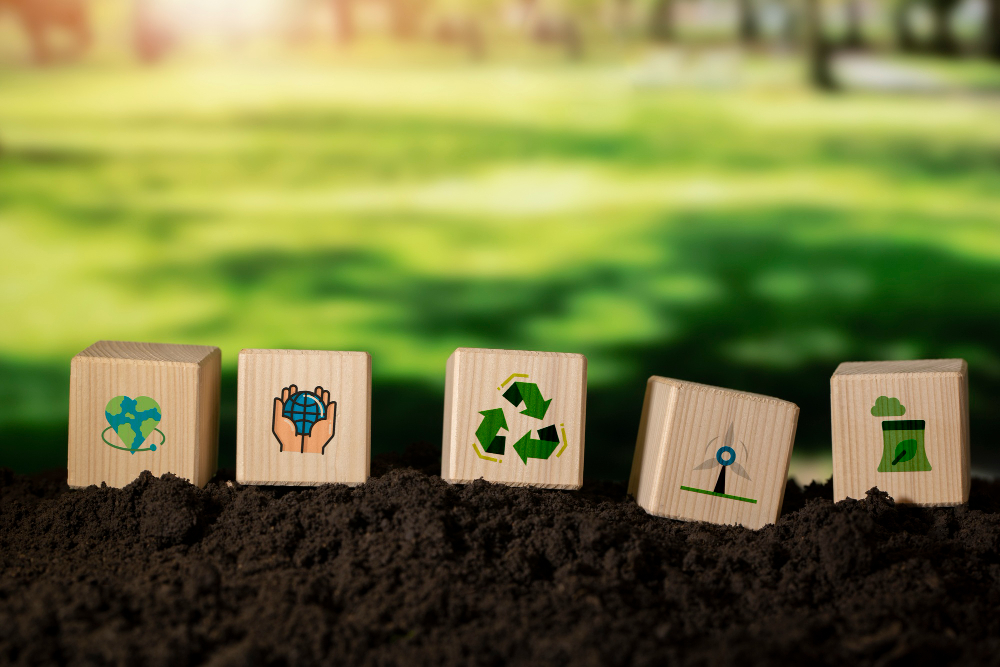 Environmental awareness symbols in biodegradable materials on soil