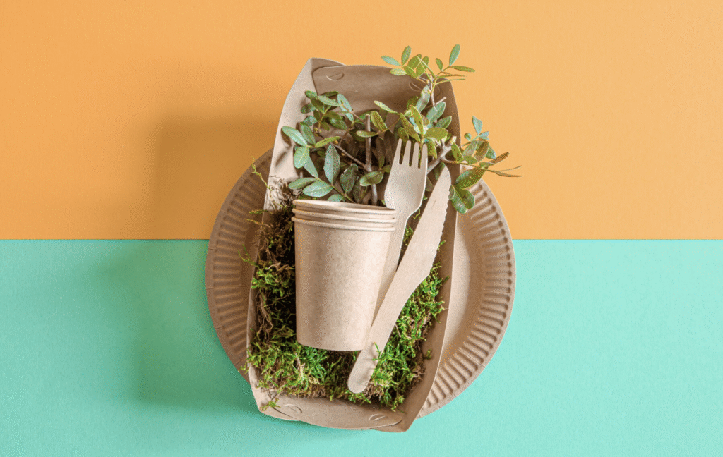 Ecofriendly packaging materials. biodegradable products like glass,plate, fork and spoon