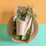 Ecofriendly packaging materials. biodegradable products like glass,plate, fork and spoon