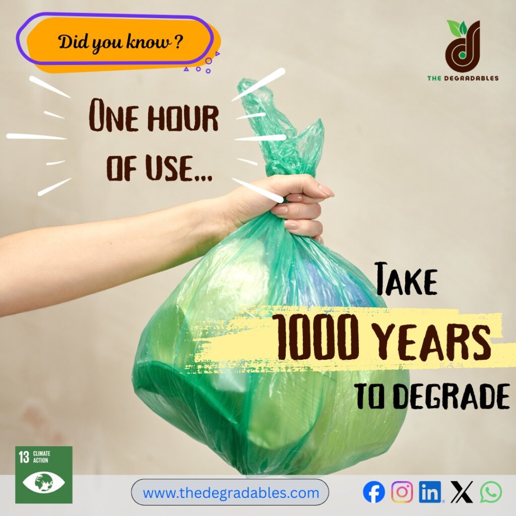 Hand holding plastic bag 'One hour of use, Take 1000 years to degrade'